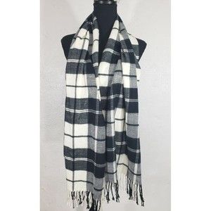 Lands' End Black White Plaid Soft Flannel Fringe Scarf
